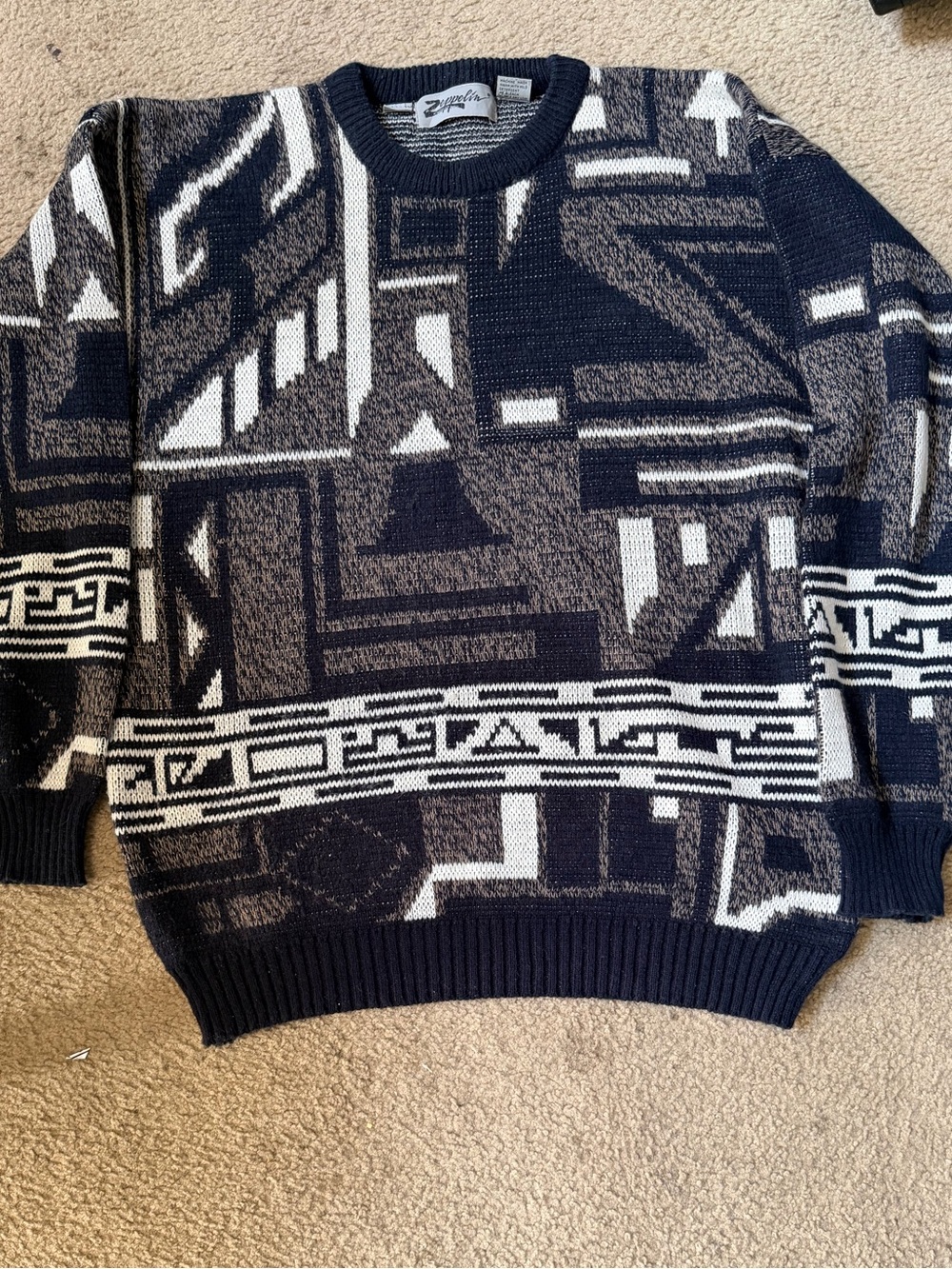 Geometric Jacquard Crewneck Sweater - Navy, Black & White